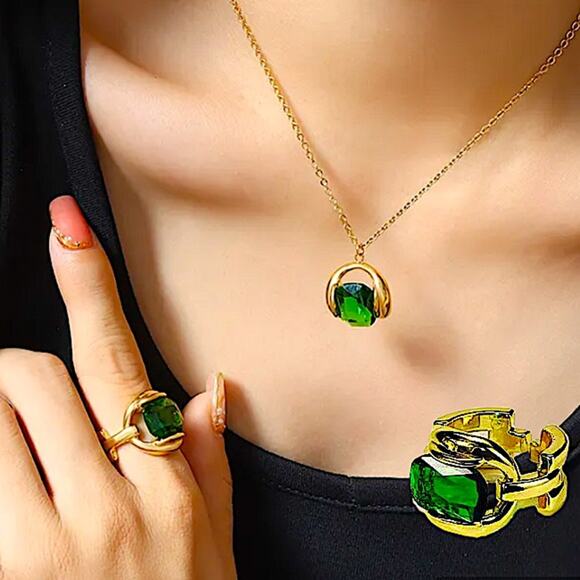 Gold Emerald Crystal Matching Necklace, Earrings, Ring Set - Picture 3 of 8